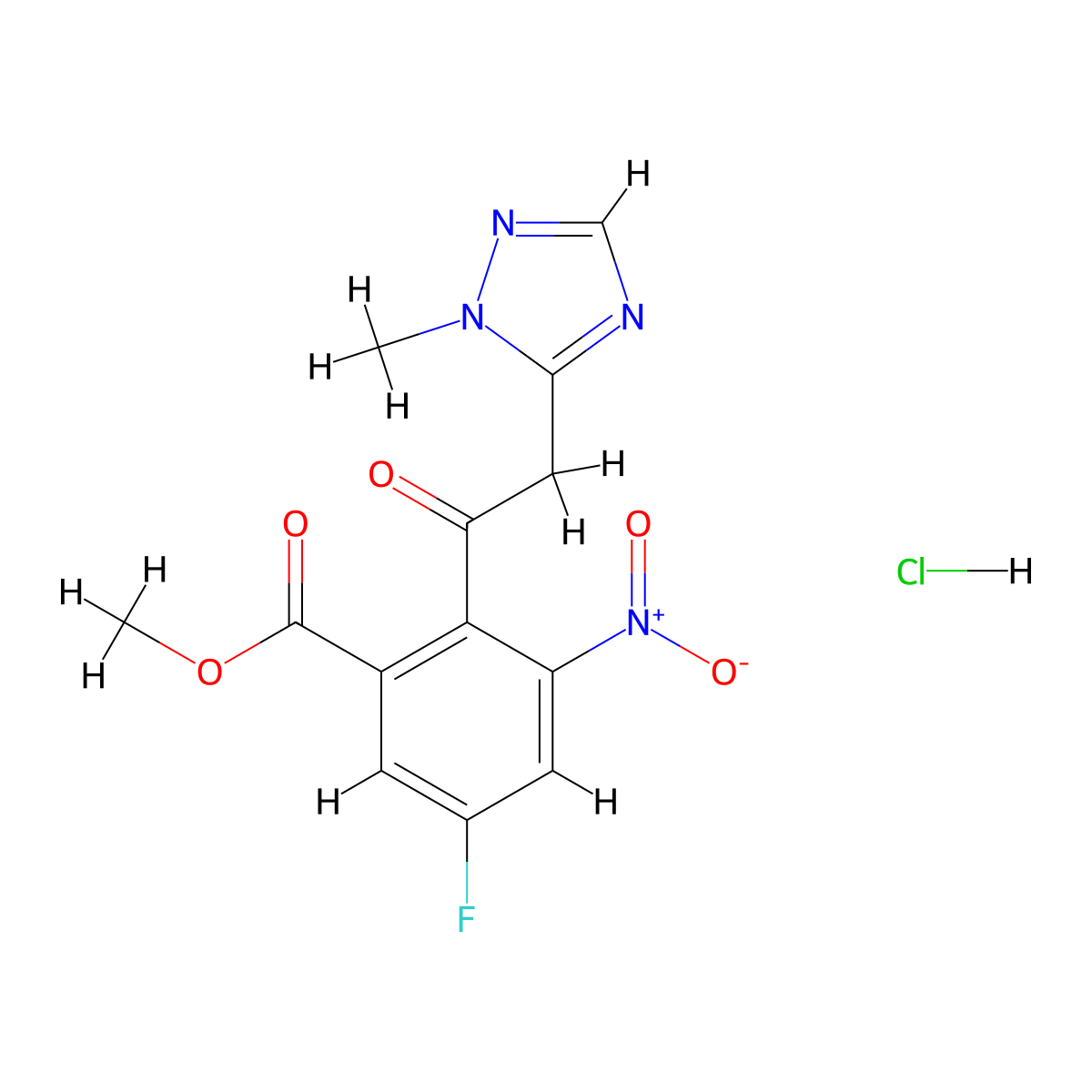 Methyl 5-fluoro-2-(2-(1-methyl-1H-1,2,4-triazol-5-yl)acetyl)-3-nitrobenzoate hydrochloride molecular structure, CAS 1322616-35-2