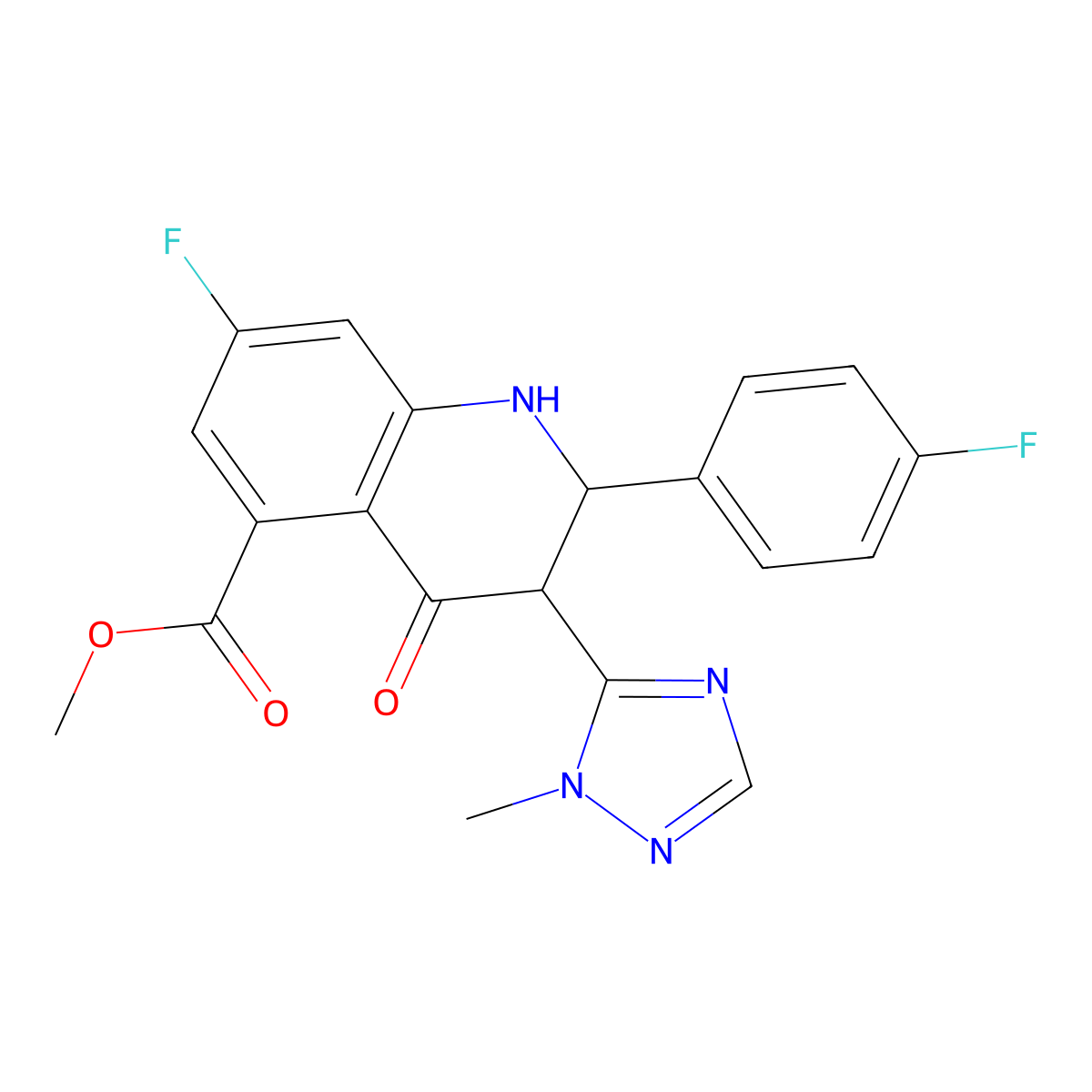 5-Quinolinecarboxylic acid, 7-fluoro-2-(4-fluorophenyl)-1,2,3,4-tetrahydro-3-(1-methyl-1H-1,2,4-triazol-5-yl)-4-oxo-, methyl ester molecular structure, CAS 1322616-36-3