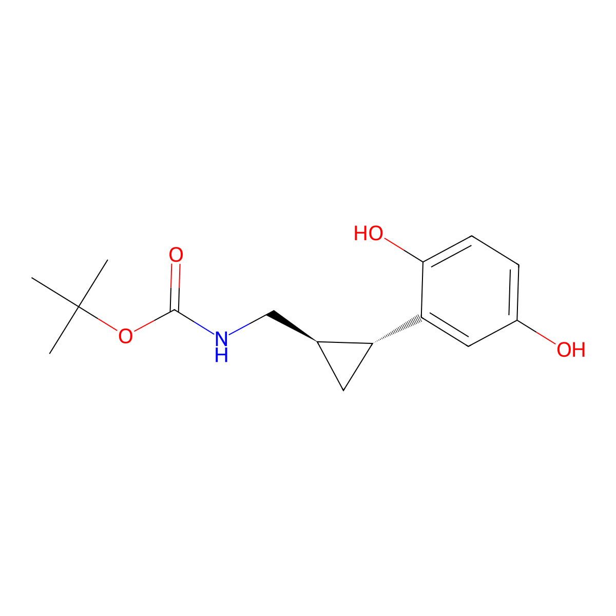 Carbamic acid, N-[[(1R,2R)-2-(2,5-dihydroxyphenyl)cyclopropyl]methyl]-, 1,1-dimethylethyl ester, rel- molecular structure, CAS 1322699-93-3