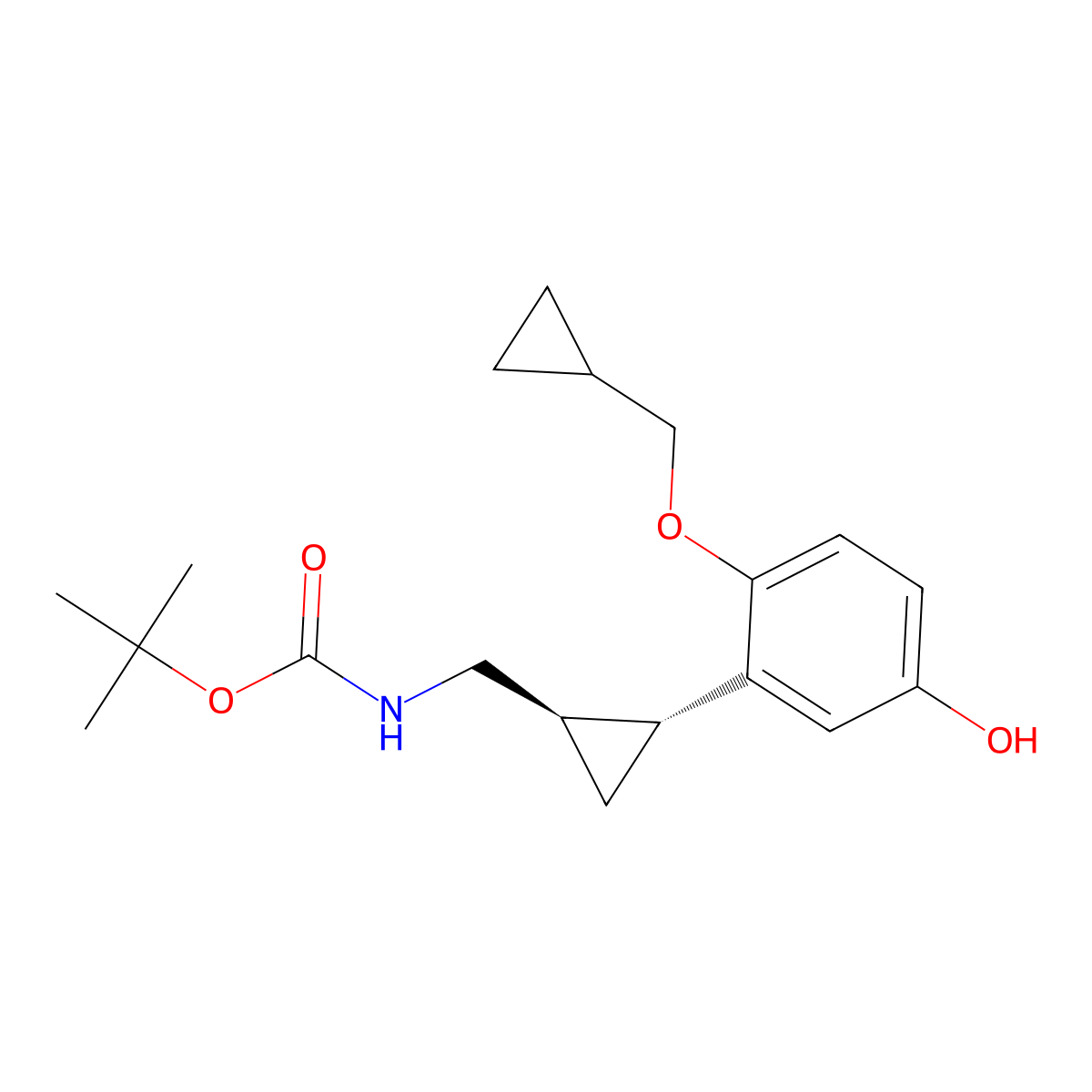 tert-Butyl (((1R,2R)-rel-2-(2-(cyclopropylmethoxy)-5-hydroxyphenyl)cyclopropyl)methyl)carbamate molecular structure, CAS 1322700-01-5