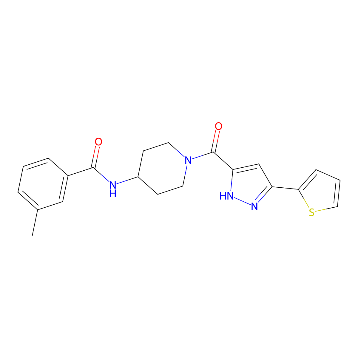 3-methyl-N-(1-(3-(thiophen-2-yl)-1H-pyrazole-5-carbonyl)piperidin-4-yl)benzamide molecular structure, CAS 1322721-02-7