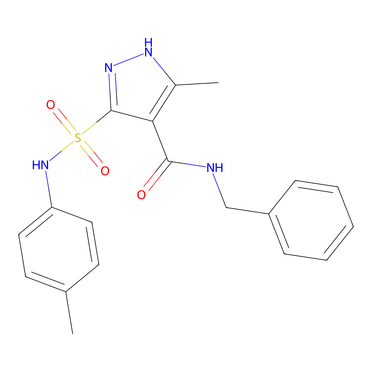 N-benzyl-3-methyl-5-(N-(p-tolyl)sulfamoyl)-1H-pyrazole-4-carboxamide molecular structure, CAS 1322723-59-0