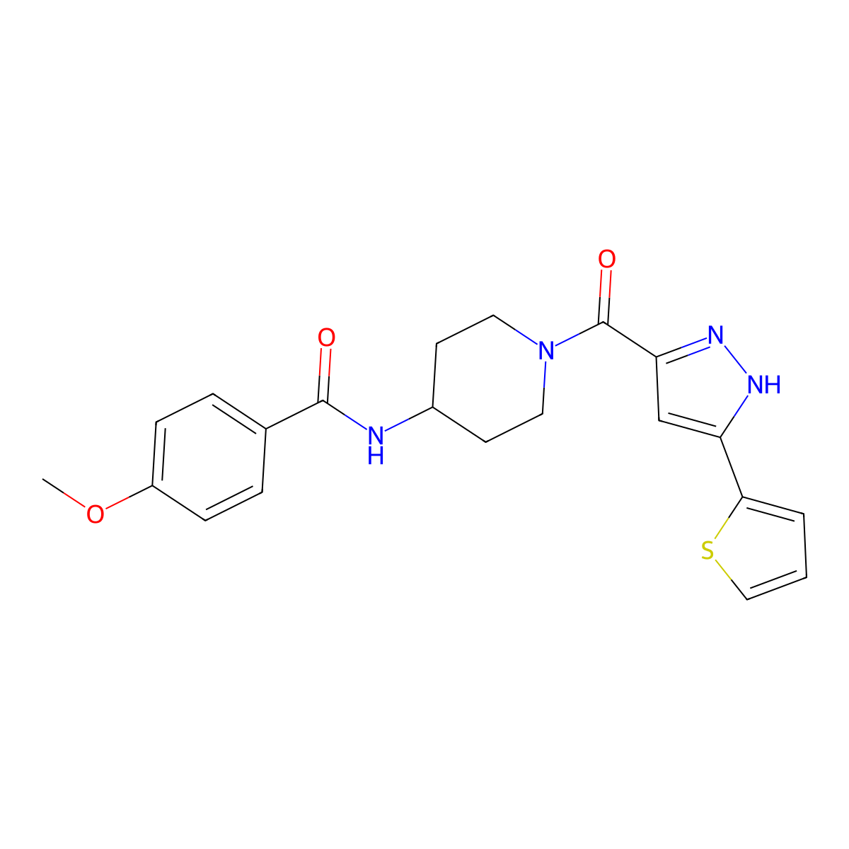 4-methoxy-N-{1-[3-(thiophen-2-yl)-1H-pyrazole-5-carbonyl]piperidin-4-yl}benzamide molecular structure, CAS 1322723-67-0
