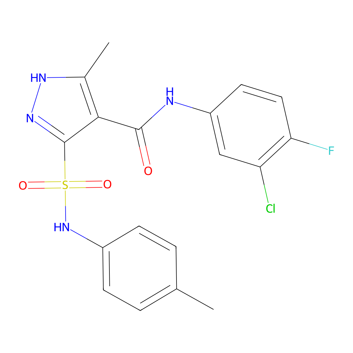 N-(3-chloro-4-fluorophenyl)-3-methyl-5-(N-(p-tolyl)sulfamoyl)-1H-pyrazole-4-carboxamide molecular structure, CAS 1322726-52-2