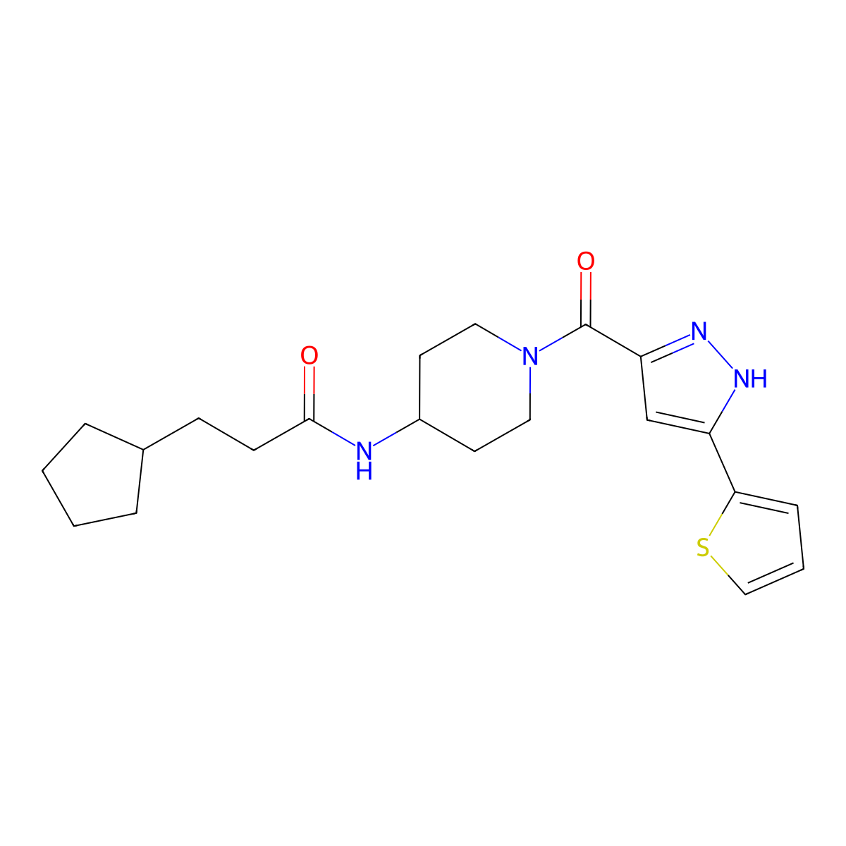 3-cyclopentyl-N-(1-(3-(thiophen-2-yl)-1H-pyrazole-5-carbonyl)piperidin-4-yl)propanamide molecular structure, CAS 1322746-85-9