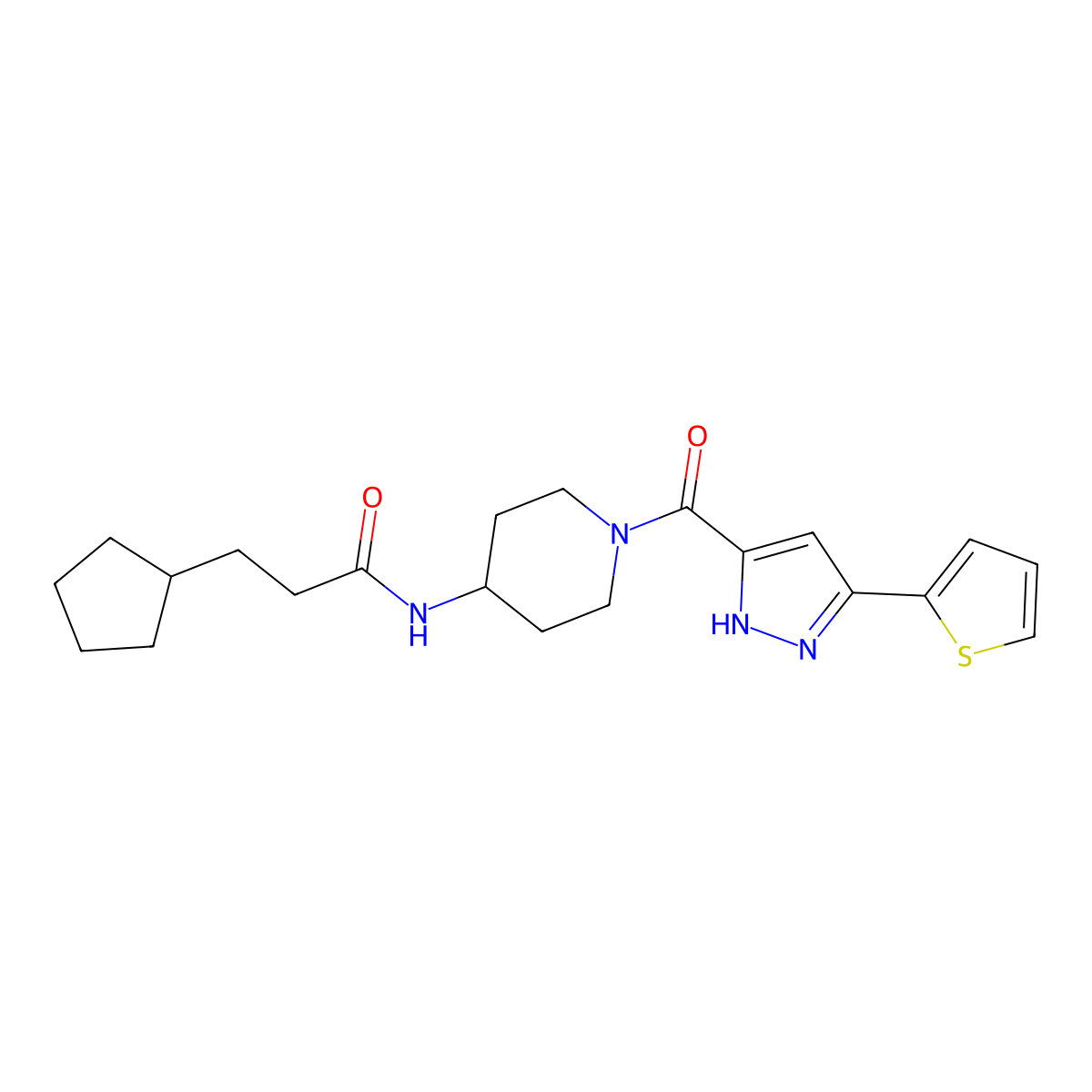 3-cyclopentyl-N-(1-(3-(thiophen-2-yl)-1H-pyrazole-5-carbonyl)piperidin-4-yl)propanamide molecular structure, CAS 1322746-85-9