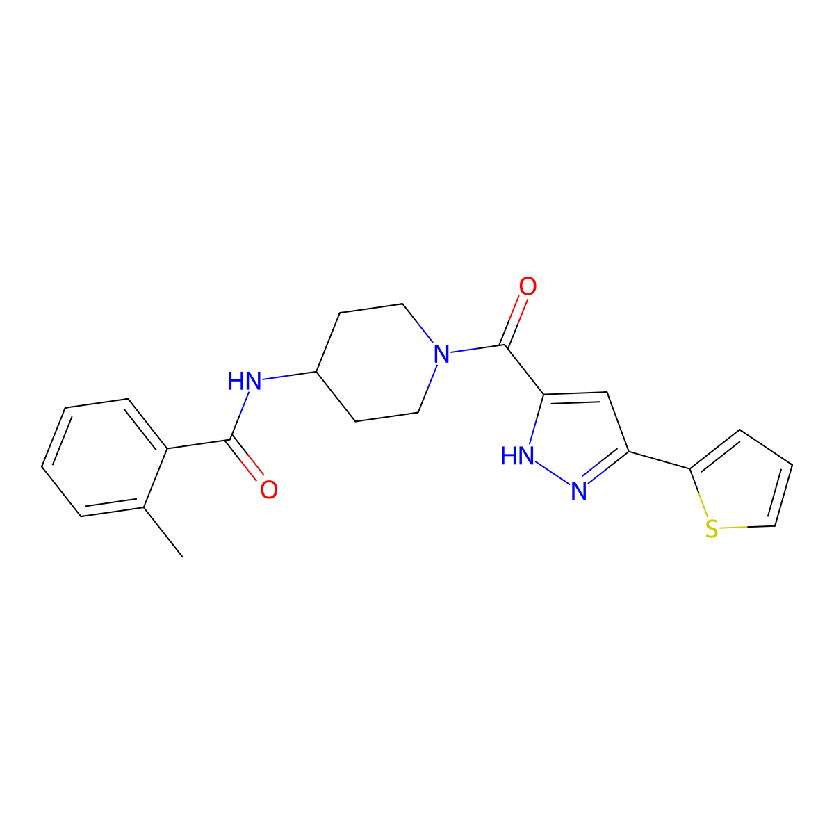 2-methyl-N-(1-(3-(thiophen-2-yl)-1H-pyrazole-5-carbonyl)piperidin-4-yl)benzamide molecular structure, CAS 1322748-05-9