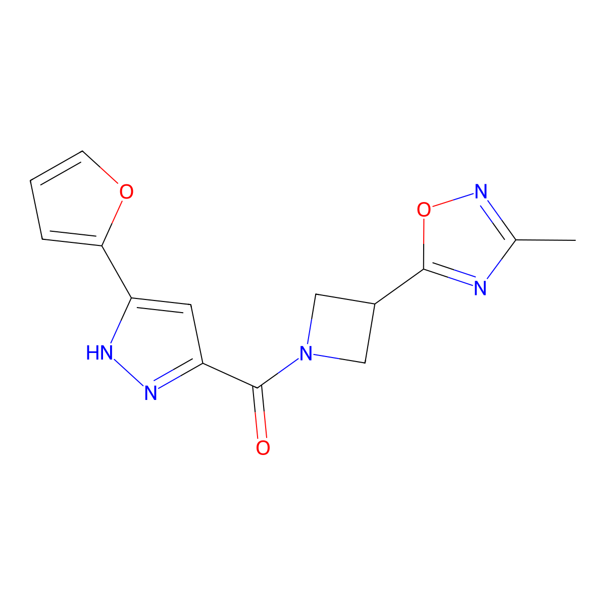(3-(furan-2-yl)-1H-pyrazol-5-yl)(3-(3-methyl-1,2,4-oxadiazol-5-yl)azetidin-1-yl)methanone molecular structure, CAS 1322749-54-1