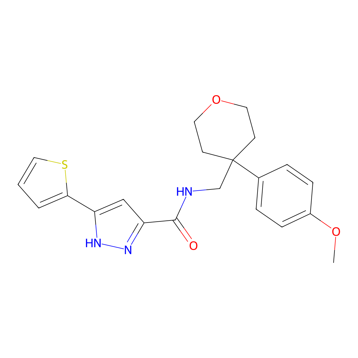 N~3~-{[4-(4-methoxyphenyl)tetrahydro-2H-pyran-4-yl]methyl}-5-(2-thienyl)-1H-pyrazole-3-carboxamide molecular structure, CAS 1322771-36-7