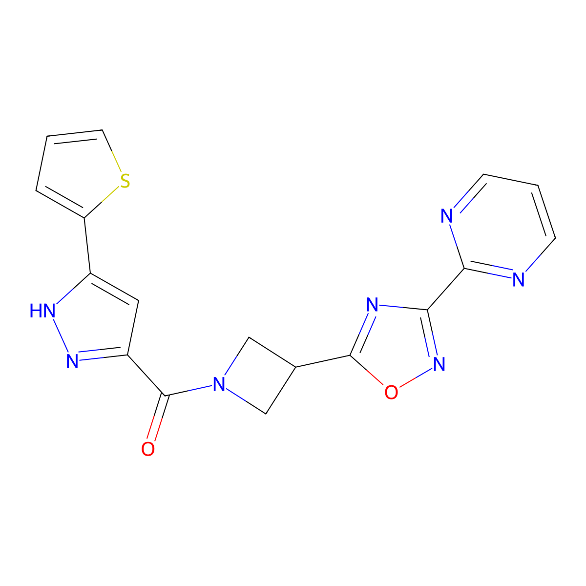 (3-(3-(pyrimidin-2-yl)-1,2,4-oxadiazol-5-yl)azetidin-1-yl)(3-(thiophen-2-yl)-1H-pyrazol-5-yl)methanone molecular structure, CAS 1322785-21-6
