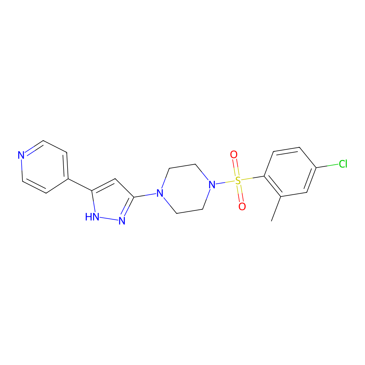 1-[(4-chloro-2-methylphenyl)sulfonyl]-4-[3-(4-pyridyl)-1H-pyrazol-5-yl]piperazine molecular structure, CAS 1322787-43-8