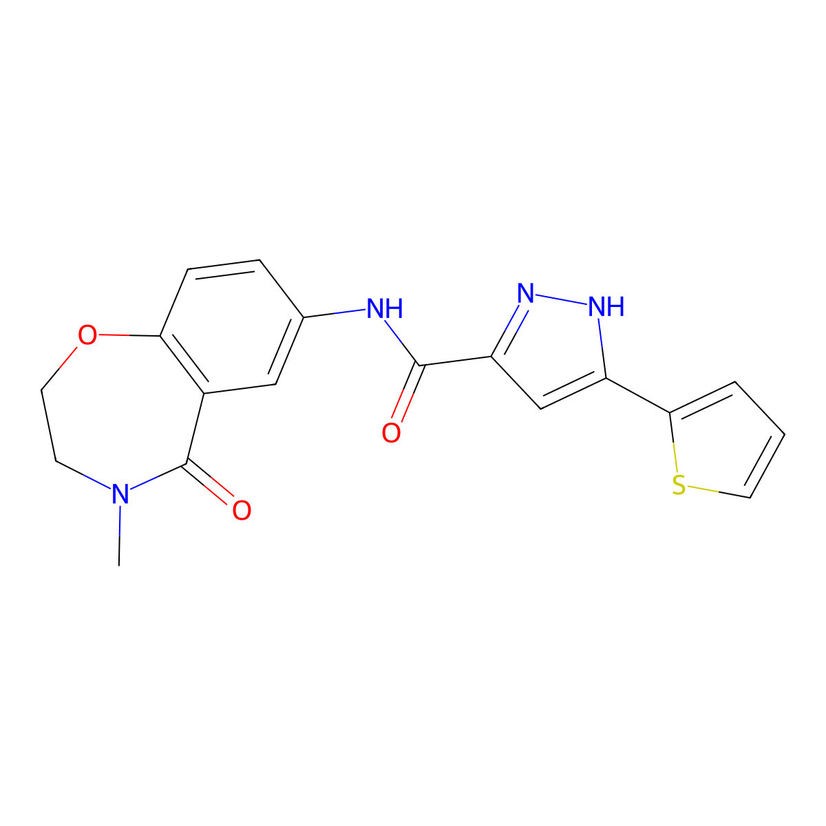 N-(4-methyl-5-oxo-2,3,4,5-tetrahydrobenzo[f][1,4]oxazepin-7-yl)-3-(thiophen-2-yl)-1H-pyrazole-5-carboxamide molecular structure, CAS 1322788-63-5