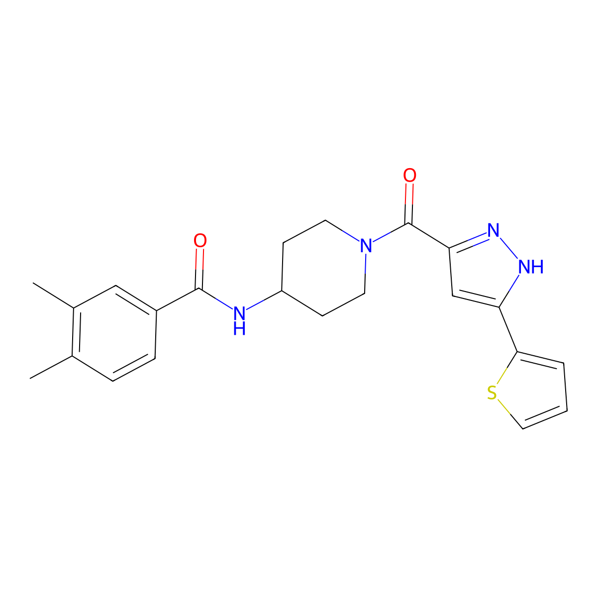 3,4-dimethyl-N-(1-(3-(thiophen-2-yl)-1H-pyrazole-5-carbonyl)piperidin-4-yl)benzamide molecular structure, CAS 1322788-98-6