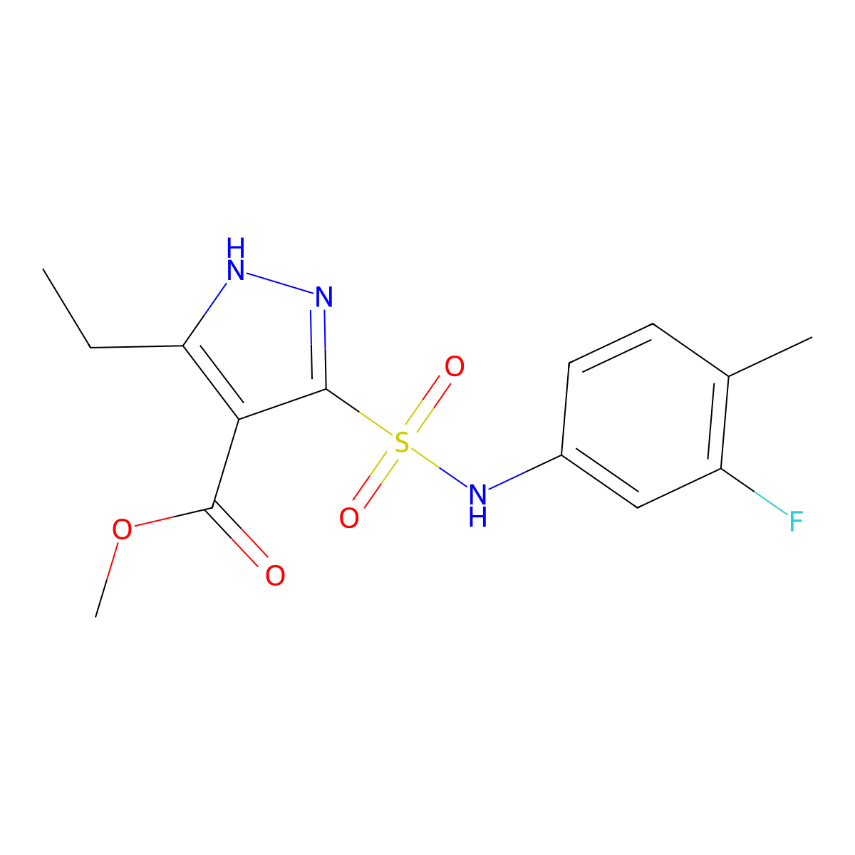 methyl 3-ethyl-5-(N-(3-fluoro-4-methylphenyl)sulfamoyl)-1H-pyrazole-4-carboxylate molecular structure, CAS 1322789-24-1