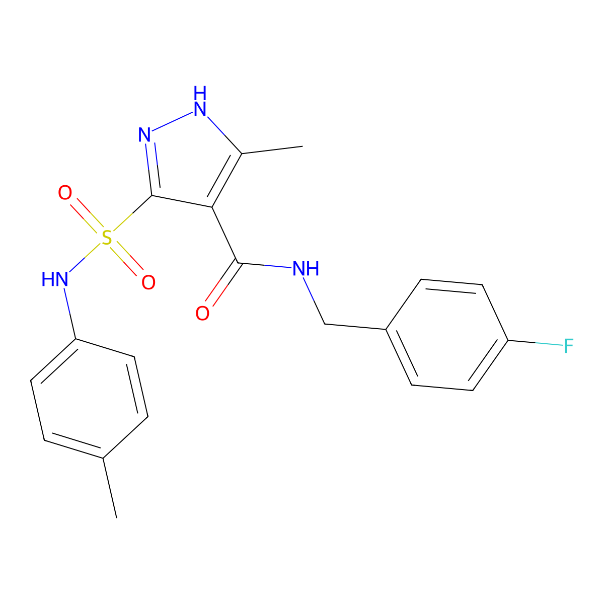 N-(4-fluorobenzyl)-3-methyl-5-(N-(p-tolyl)sulfamoyl)-1H-pyrazole-4-carboxamide molecular structure, CAS 1322789-50-3