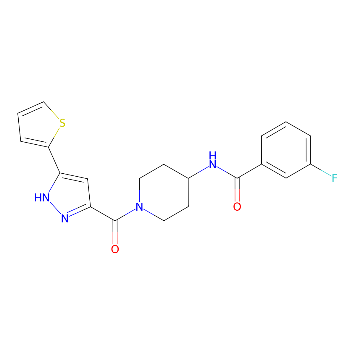 3-fluoro-N-(1-(3-(thiophen-2-yl)-1H-pyrazole-5-carbonyl)piperidin-4-yl)benzamide molecular structure, CAS 1322790-85-1