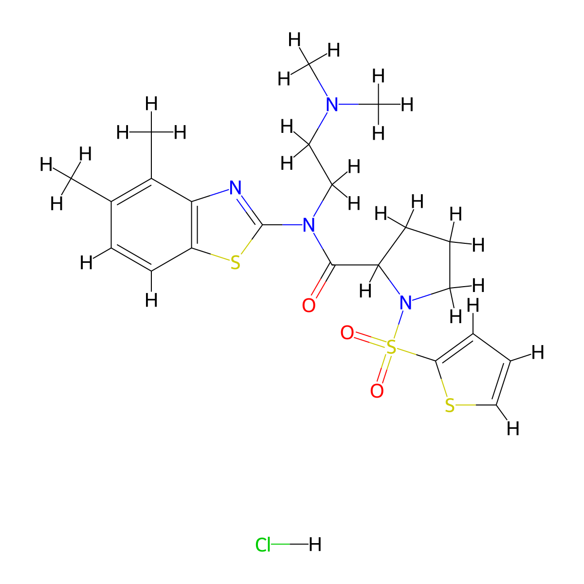 N-(2-(dimethylamino)ethyl)-N-(4,5-dimethylbenzo[d]thiazol-2-yl)-1-(thiophen-2-ylsulfonyl)pyrrolidine-2-carboxamide hydrochloride molecular structure, CAS 1322957-81-2