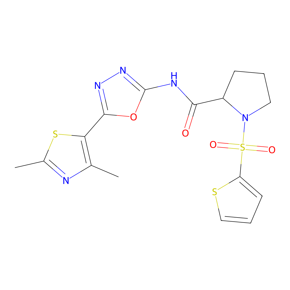 N-(5-(2,4-dimethylthiazol-5-yl)-1,3,4-oxadiazol-2-yl)-1-(thiophen-2-ylsulfonyl)pyrrolidine-2-carboxamide molecular structure, CAS 1322958-82-6