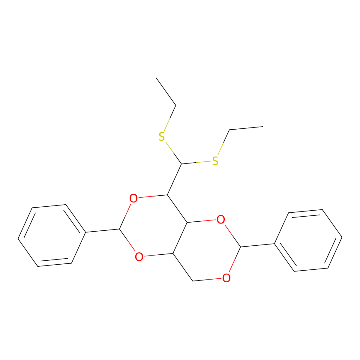 2-[Bis(ethylsulfanyl)methyl]-4,9-diphenyl-3,5,8,10-tetraoxabicyclo[4.4.0]decane molecular structure, CAS 13231-45-3