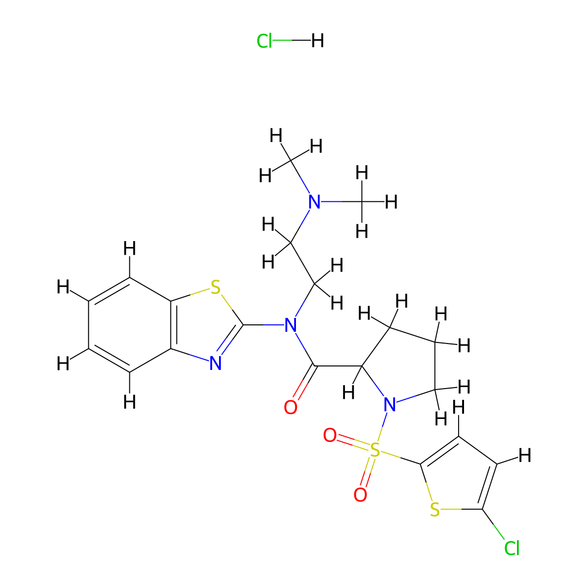 N-(benzo[d]thiazol-2-yl)-1-((5-chlorothiophen-2-yl)sulfonyl)-N-(2-(dimethylamino)ethyl)pyrrolidine-2-carboxamide hydrochloride molecular structure, CAS 1323107-89-6