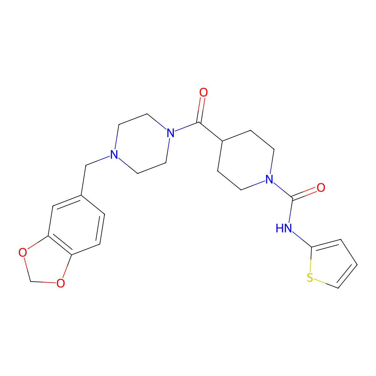4-(4-(benzo[d][1,3]dioxol-5-ylmethyl)piperazine-1-carbonyl)-N-(thiophen-2-yl)piperidine-1-carboxamide molecular structure, CAS 1323310-04-8