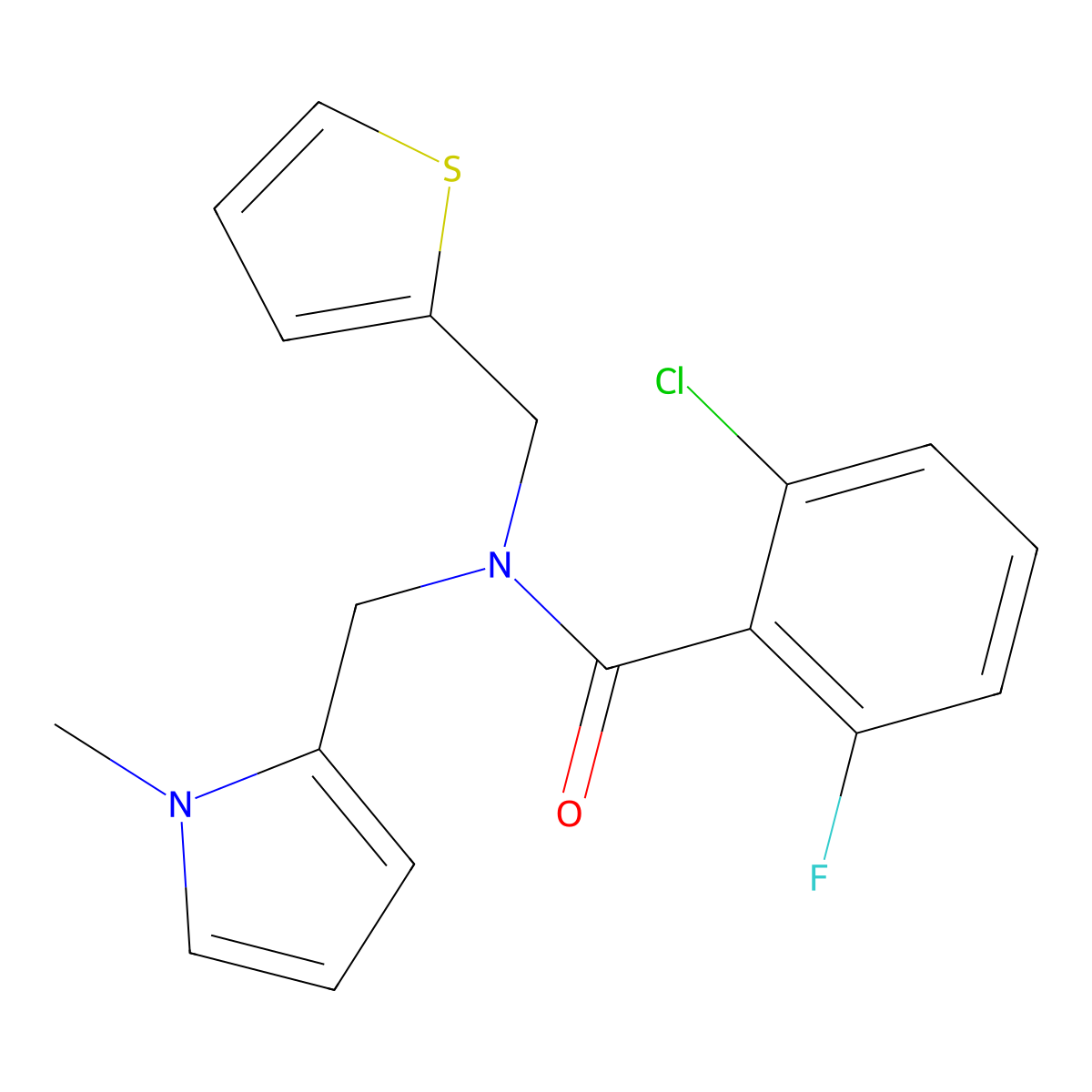 2-chloro-6-fluoro-N-((1-methyl-1H-pyrrol-2-yl)methyl)-N-(thiophen-2-ylmethyl)benzamide molecular structure, CAS 1323326-81-3
