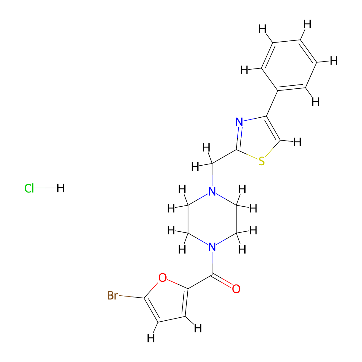 (5-Bromofuran-2-yl)(4-((4-phenylthiazol-2-yl)methyl)piperazin-1-yl)methanone hydrochloride molecular structure, CAS 1323330-94-4