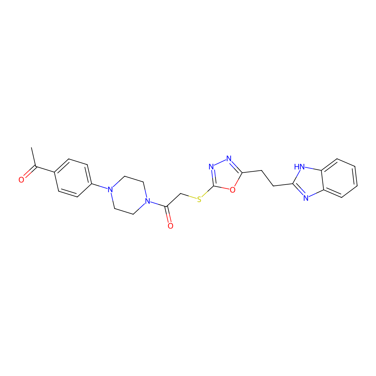 2-((5-(2-(1H-benzo[d]imidazol-2-yl)ethyl)-1,3,4-oxadiazol-2-yl)thio)-1-(4-(4-acetylphenyl)piperazin-1-yl)ethanone molecular structure, CAS 1323346-11-7