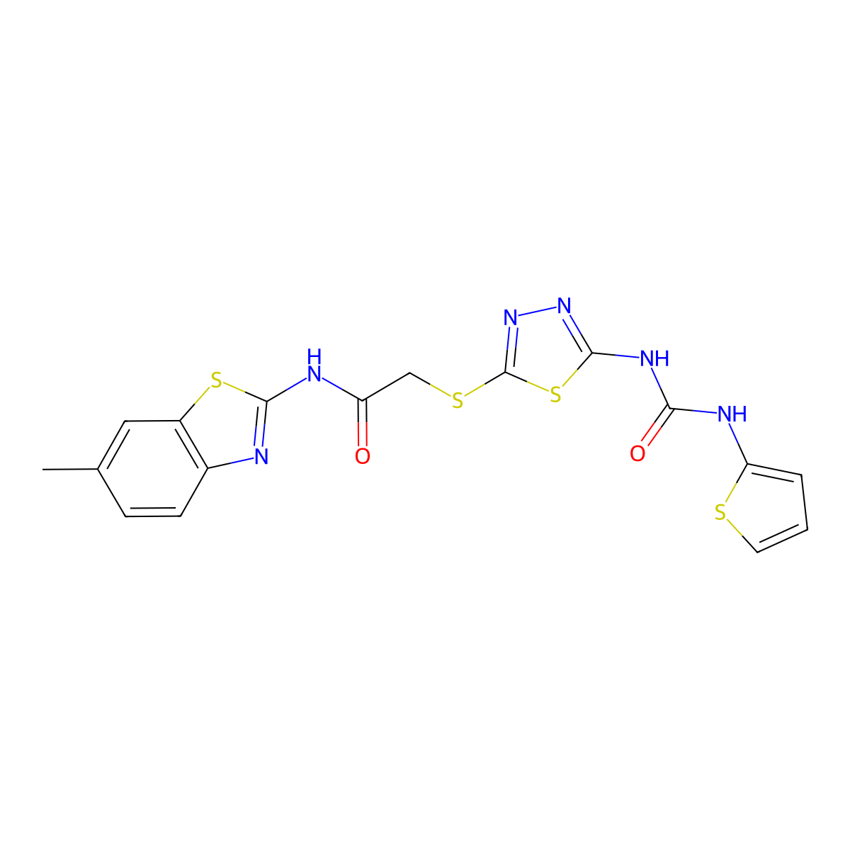 N-(6-methyl-1,3-benzothiazol-2-yl)-2-[(5-{[(thiophen-2-yl)carbamoyl]amino}-1,3,4-thiadiazol-2-yl)sulfanyl]acetamide molecular structure, CAS 1323359-26-7