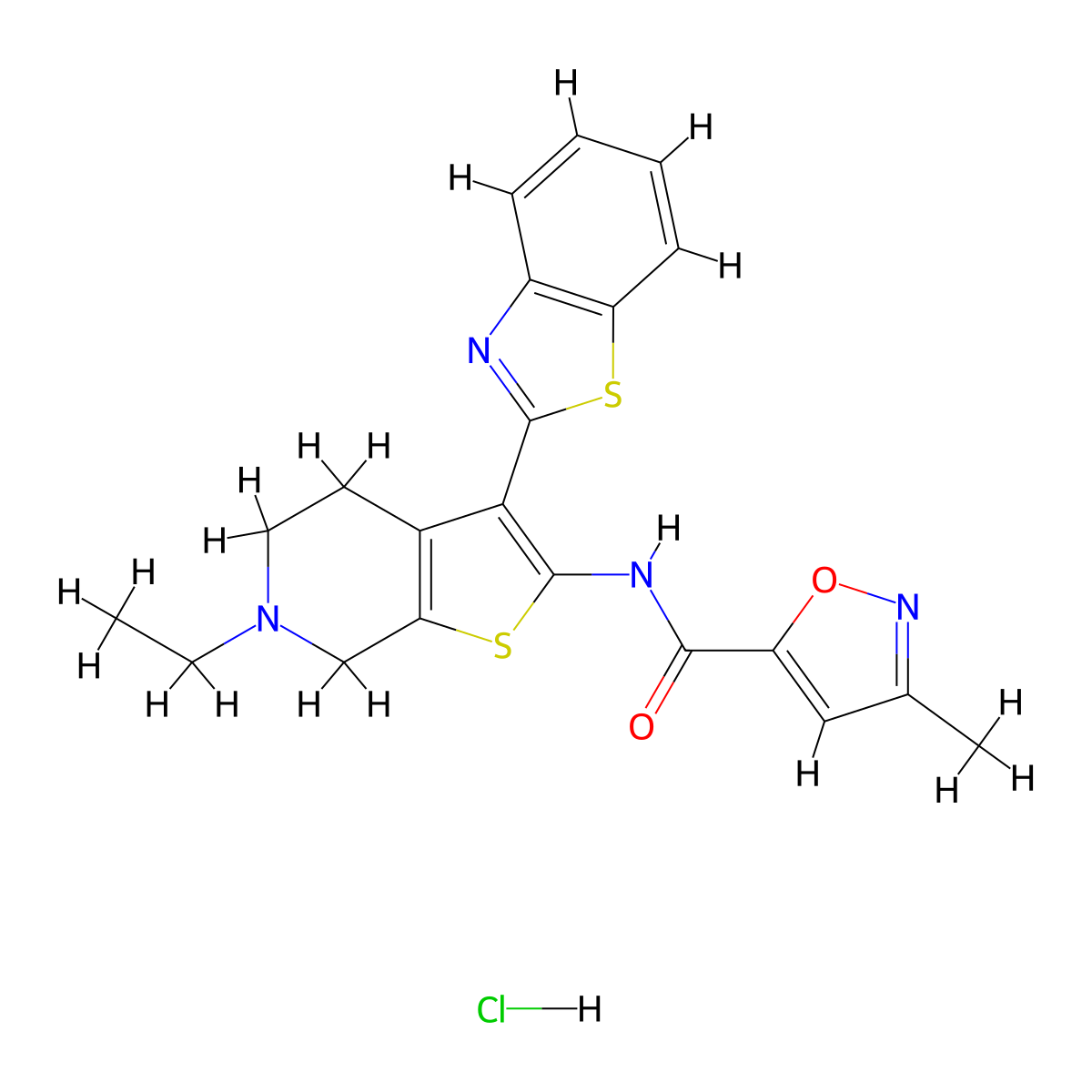N-(3-(benzo[d]thiazol-2-yl)-6-ethyl-4,5,6,7-tetrahydrothieno[2,3-c]pyridin-2-yl)-3-methylisoxazole-5-carboxamide hydrochloride molecular structure, CAS 1323387-54-7