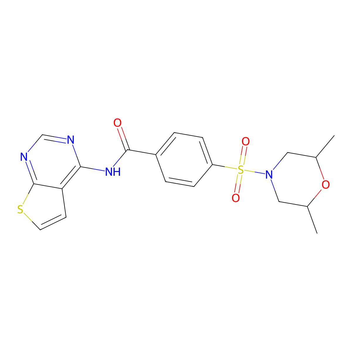 4-((2,6-dimethylmorpholino)sulfonyl)-N-(thieno[2,3-d]pyrimidin-4-yl)benzamide molecular structure, CAS 1323419-78-8