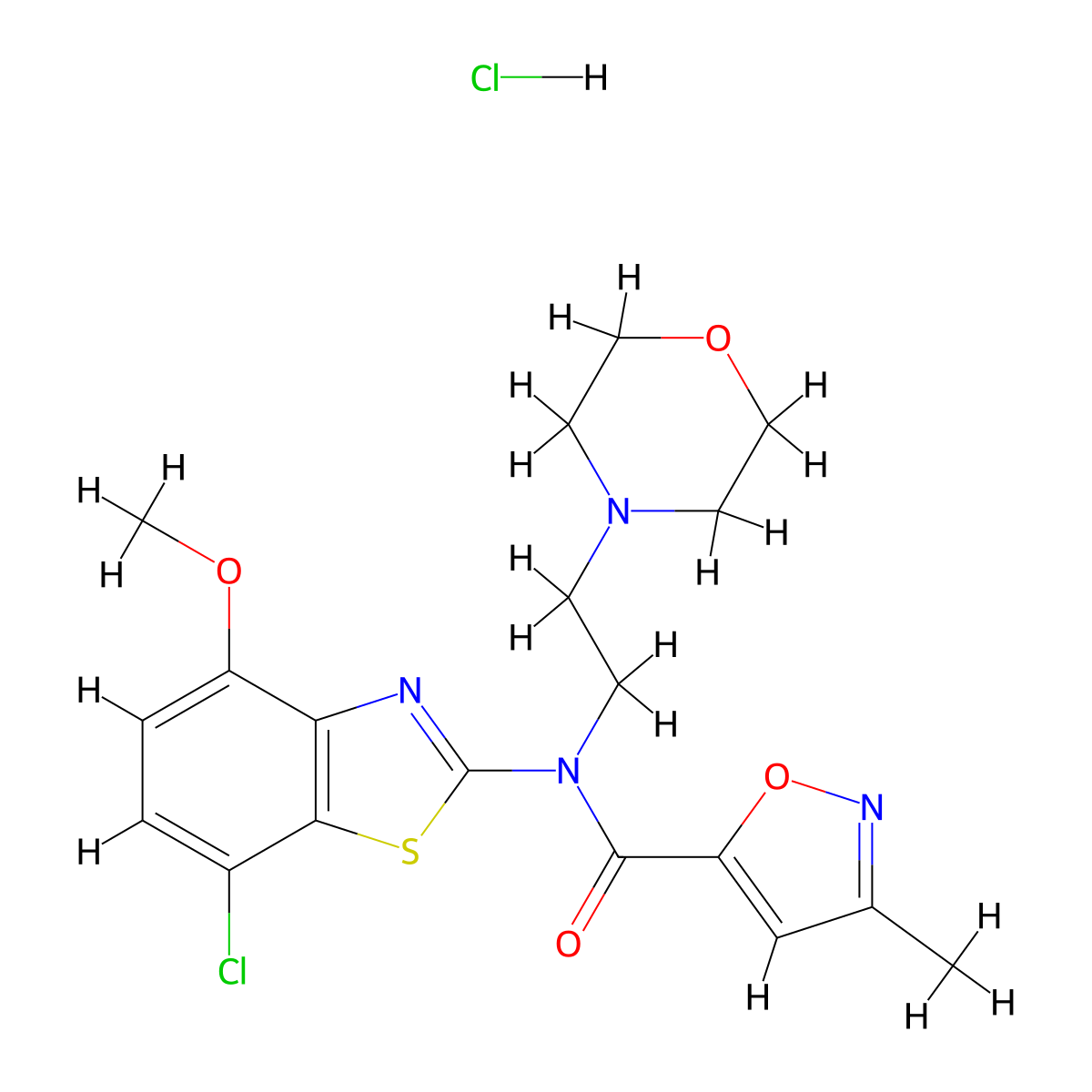 N-(7-chloro-4-methoxybenzo[d]thiazol-2-yl)-3-methyl-N-(2-morpholinoethyl)isoxazole-5-carboxamide hydrochloride molecular structure, CAS 1323432-08-1
