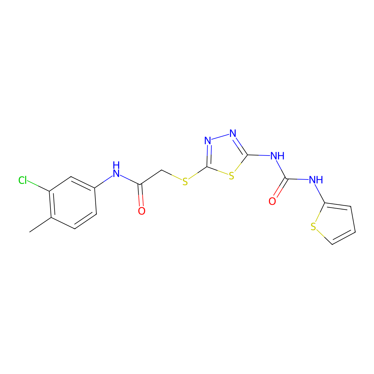 N-(3-chloro-4-methylphenyl)-2-((5-(3-(thiophen-2-yl)ureido)-1,3,4-thiadiazol-2-yl)thio)acetamide molecular structure, CAS 1323532-20-2
