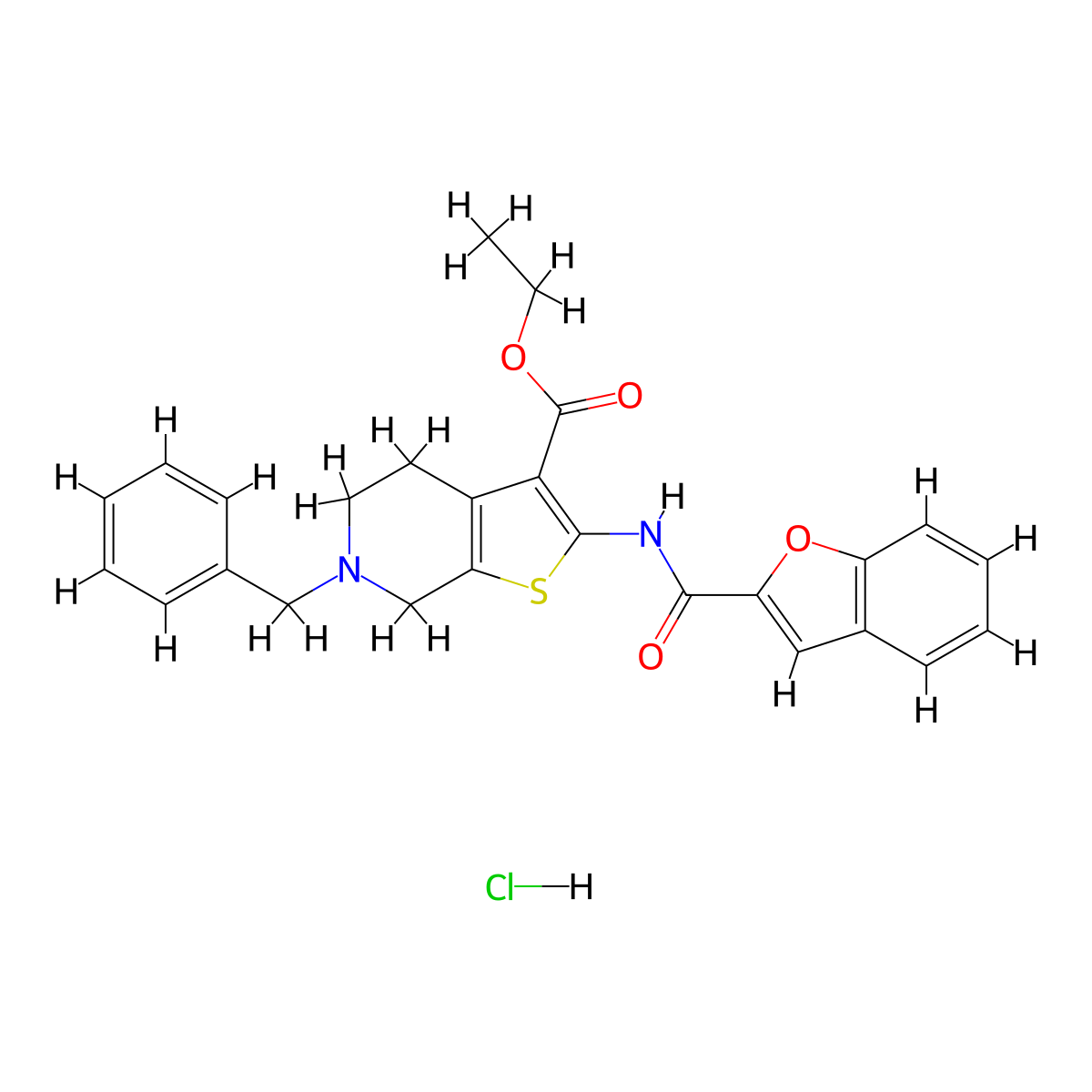 Ethyl 2-(benzofuran-2-carboxamido)-6-benzyl-4,5,6,7-tetrahydrothieno[2,3-c]pyridine-3-carboxylate hydrochloride molecular structure, CAS 1323532-78-0