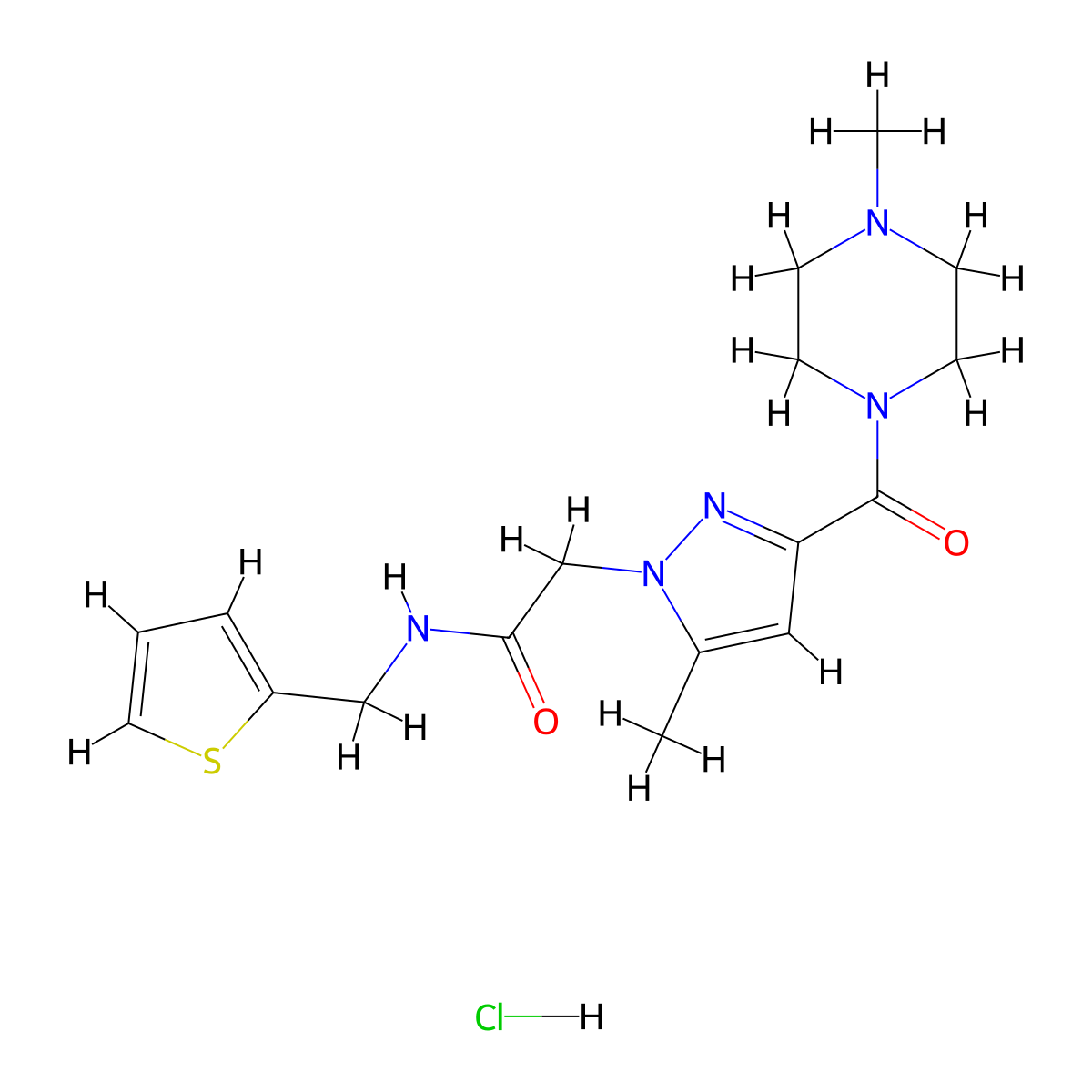 2-(5-methyl-3-(4-methylpiperazine-1-carbonyl)-1H-pyrazol-1-yl)-N-(thiophen-2-ylmethyl)acetamide hydrochloride molecular structure, CAS 1323538-11-9