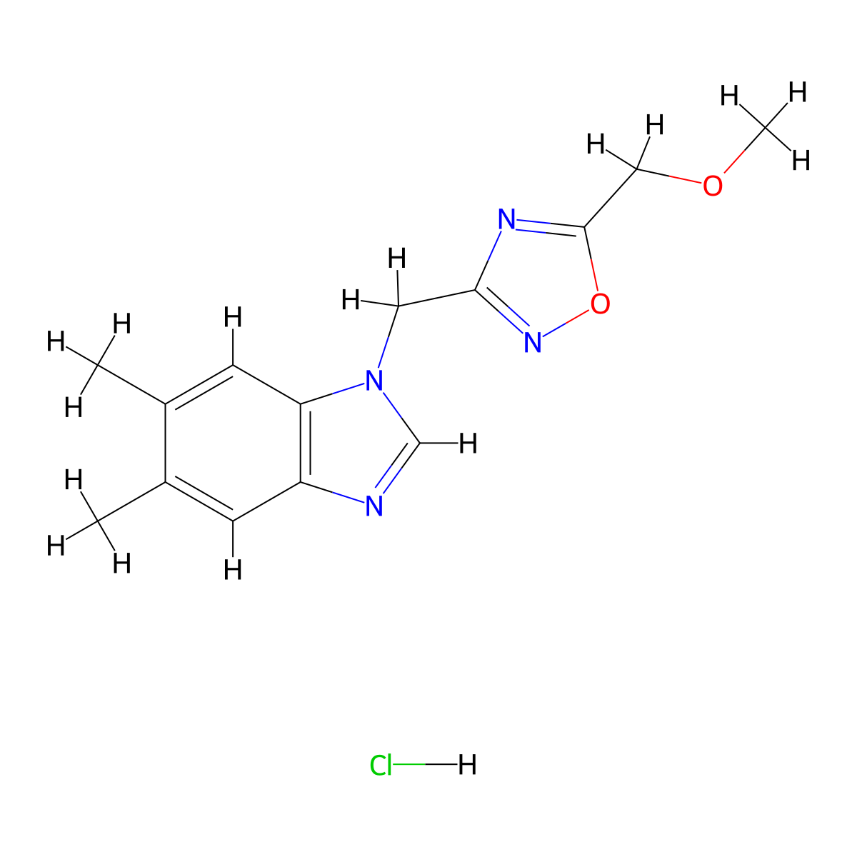 3-((5,6-dimethyl-1H-benzo[d]imidazol-1-yl)methyl)-5-(methoxymethyl)-1,2,4-oxadiazole hydrochloride molecular structure, CAS 1323538-14-2