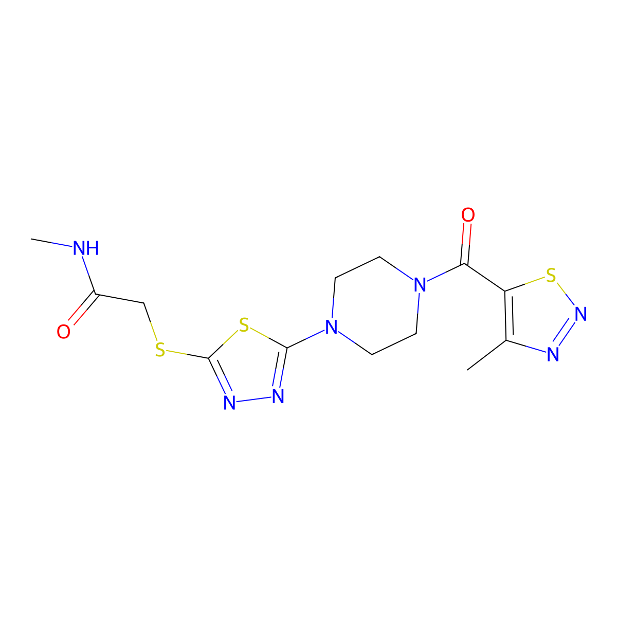 N-methyl-2-((5-(4-(4-methyl-1,2,3-thiadiazole-5-carbonyl)piperazin-1-yl)-1,3,4-thiadiazol-2-yl)thio)acetamide molecular structure, CAS 1323551-05-8