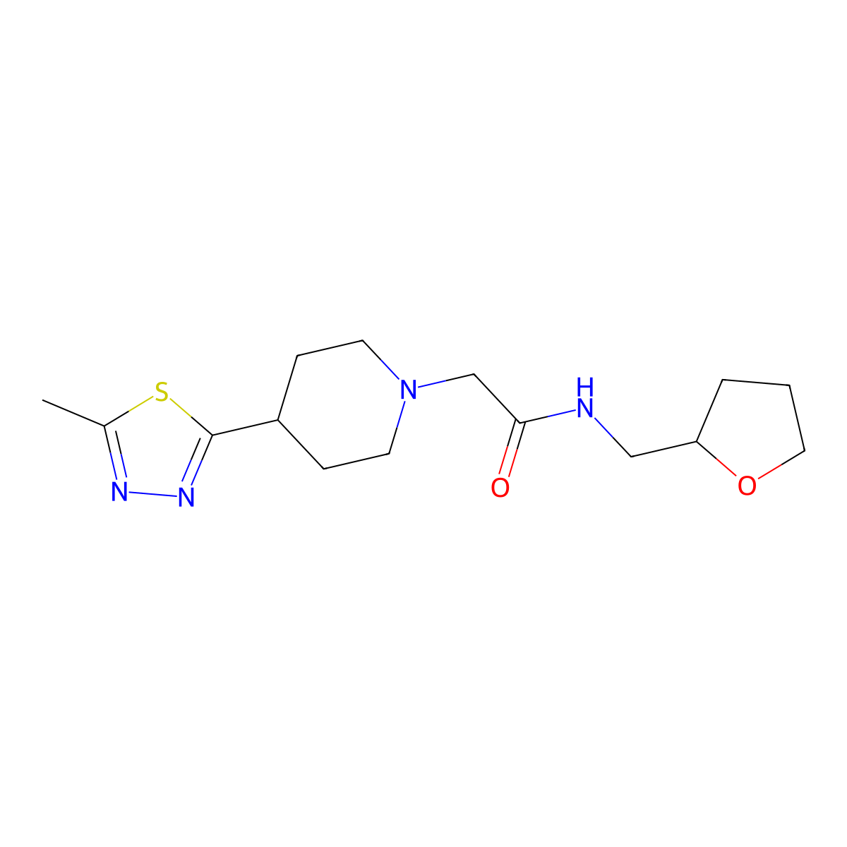 2-(4-(5-methyl-1,3,4-thiadiazol-2-yl)piperidin-1-yl)-N-((tetrahydrofuran-2-yl)methyl)acetamide molecular structure, CAS 1323566-22-8