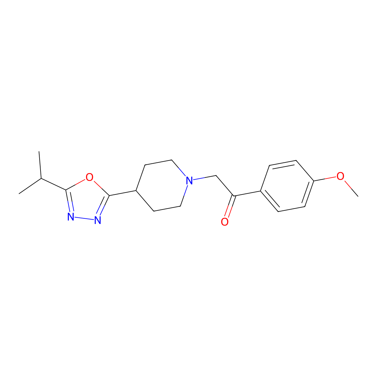 2-(4-(5-Isopropyl-1,3,4-oxadiazol-2-yl)piperidin-1-yl)-1-(4-methoxyphenyl)ethanone molecular structure, CAS 1323567-24-3