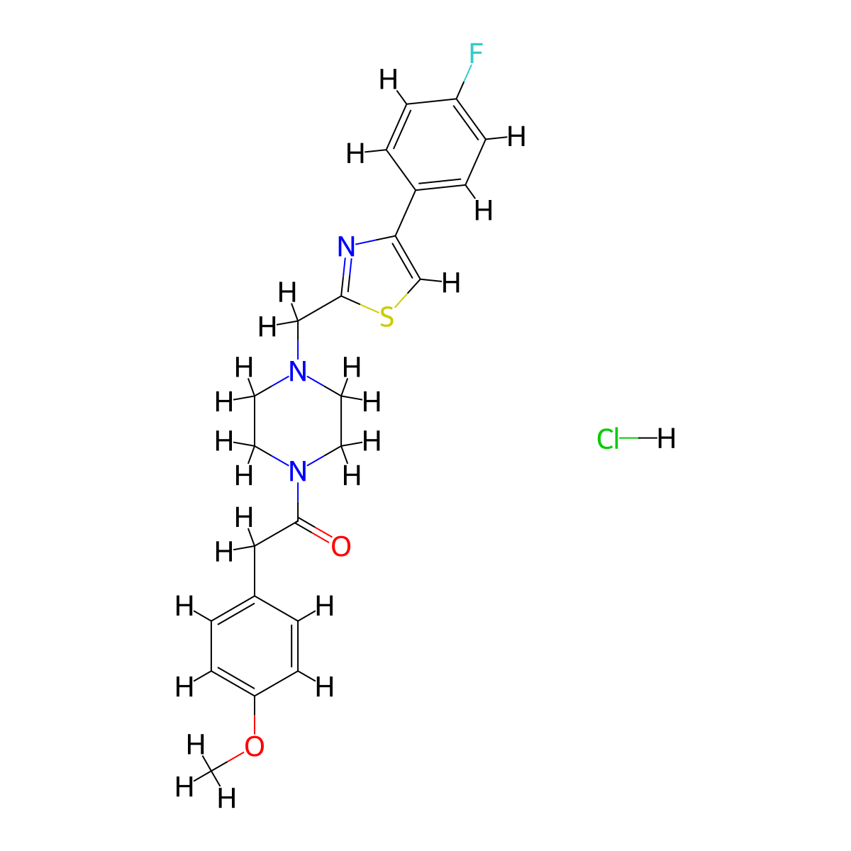 1-(4-((4-(4-Fluorophenyl)thiazol-2-yl)methyl)piperazin-1-yl)-2-(4-methoxyphenyl)ethanone hydrochloride molecular structure, CAS 1323583-23-8