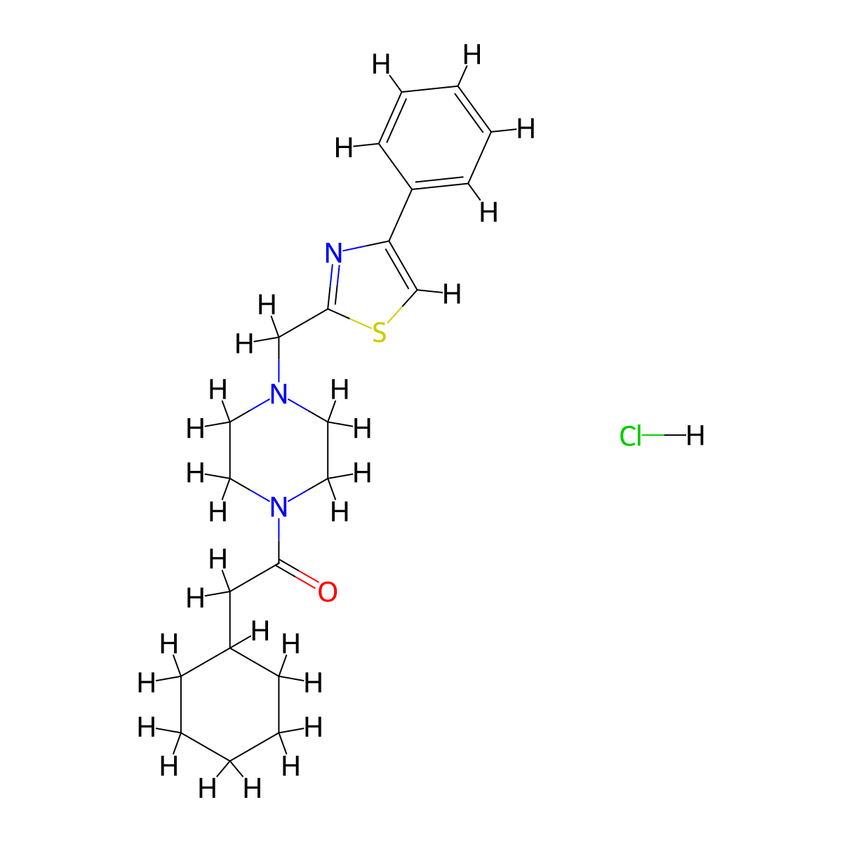 2-Cyclohexyl-1-(4-((4-phenylthiazol-2-yl)methyl)piperazin-1-yl)ethanone hydrochloride molecular structure, CAS 1323604-76-7