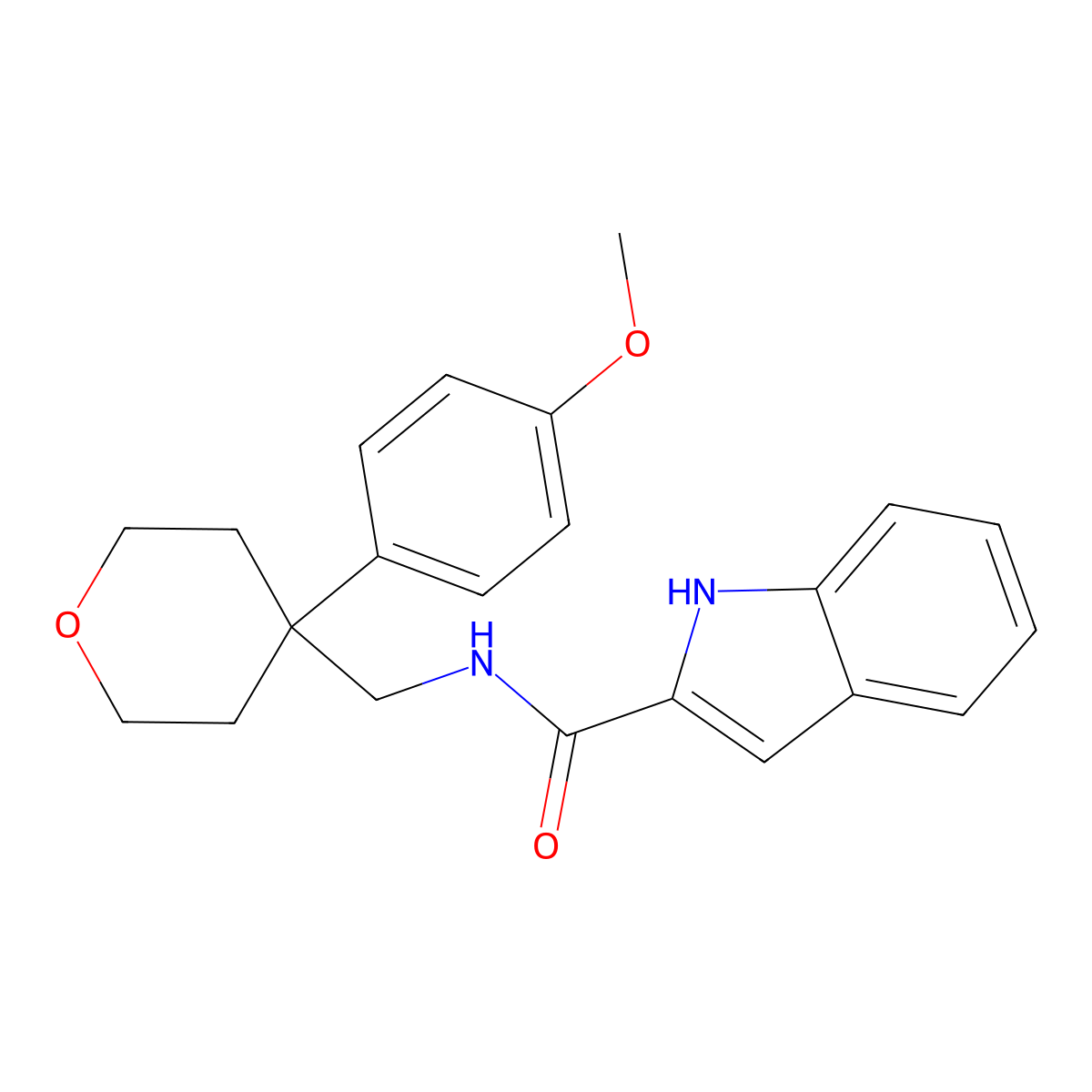 N-((4-(4-methoxyphenyl)tetrahydro-2H-pyran-4-yl)methyl)-1H-indole-2-carboxamide molecular structure, CAS 1323630-20-1