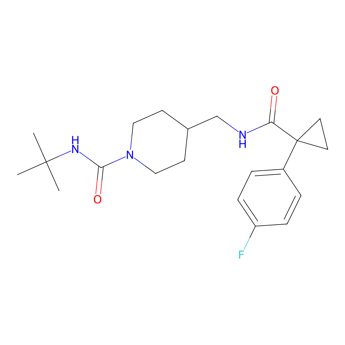 N-(tert-butyl)-4-((1-(4-fluorophenyl)cyclopropanecarboxamido)methyl)piperidine-1-carboxamide molecular structure, CAS 1323630-88-1