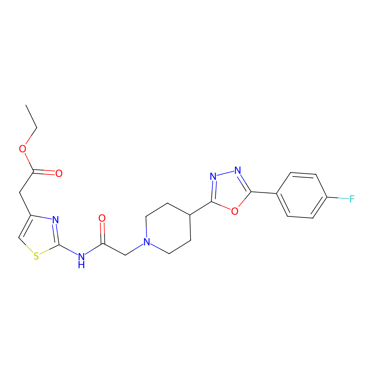 Ethyl 2-(2-(2-(4-(5-(4-fluorophenyl)-1,3,4-oxadiazol-2-yl)piperidin-1-yl)acetamido)thiazol-4-yl)acetate molecular structure, CAS 1323640-73-8