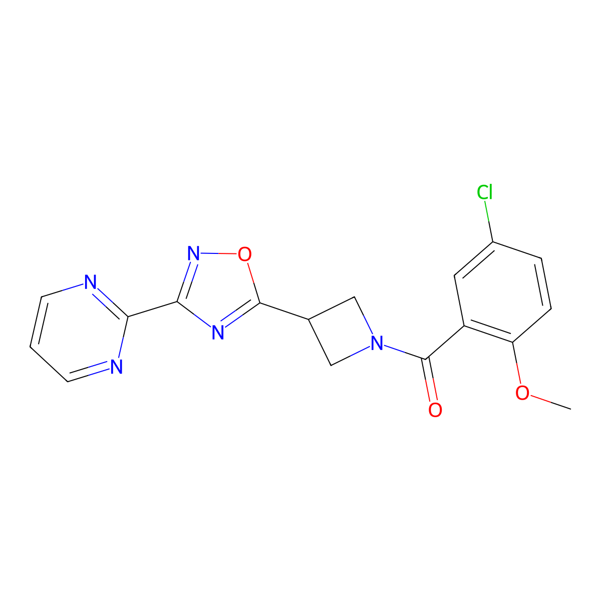 (5-Chloro-2-methoxyphenyl)(3-(3-(pyrimidin-2-yl)-1,2,4-oxadiazol-5-yl)azetidin-1-yl)methanone molecular structure, CAS 1323658-00-9