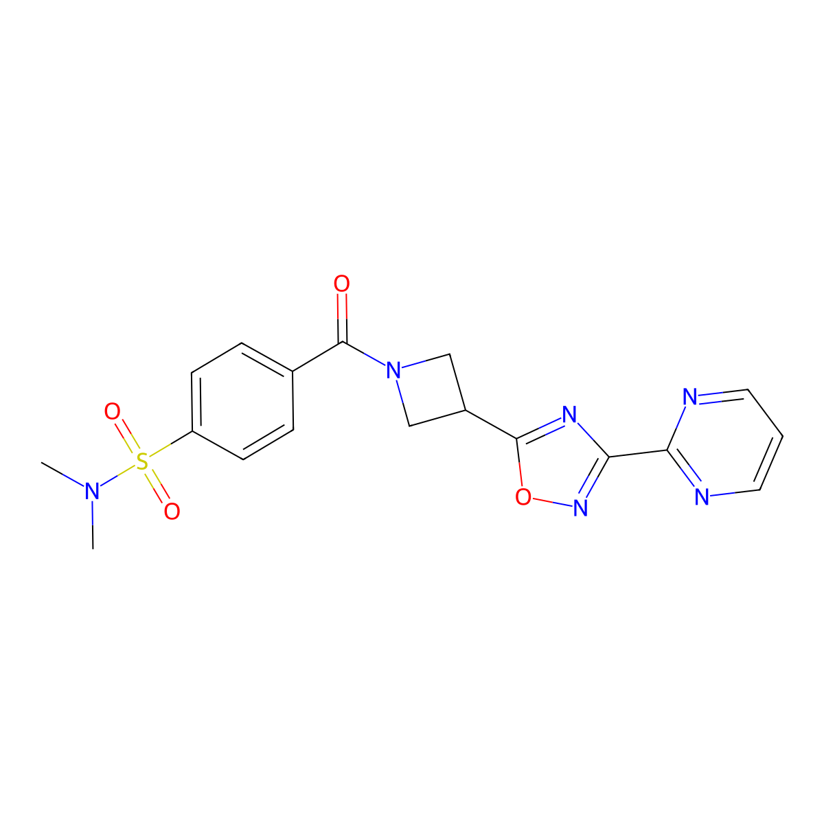 N,N-dimethyl-4-(3-(3-(pyrimidin-2-yl)-1,2,4-oxadiazol-5-yl)azetidine-1-carbonyl)benzenesulfonamide molecular structure, CAS 1323658-03-2