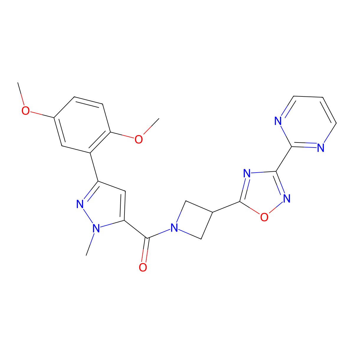 (3-(2,5-dimethoxyphenyl)-1-methyl-1H-pyrazol-5-yl)(3-(3-(pyrimidin-2-yl)-1,2,4-oxadiazol-5-yl)azetidin-1-yl)methanone molecular structure, CAS 1323658-07-6