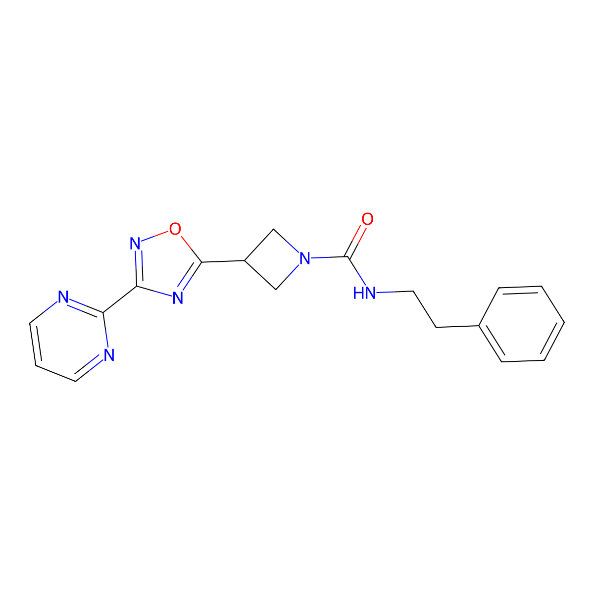 N-phenethyl-3-(3-(pyrimidin-2-yl)-1,2,4-oxadiazol-5-yl)azetidine-1-carboxamide molecular structure, CAS 1323658-18-9