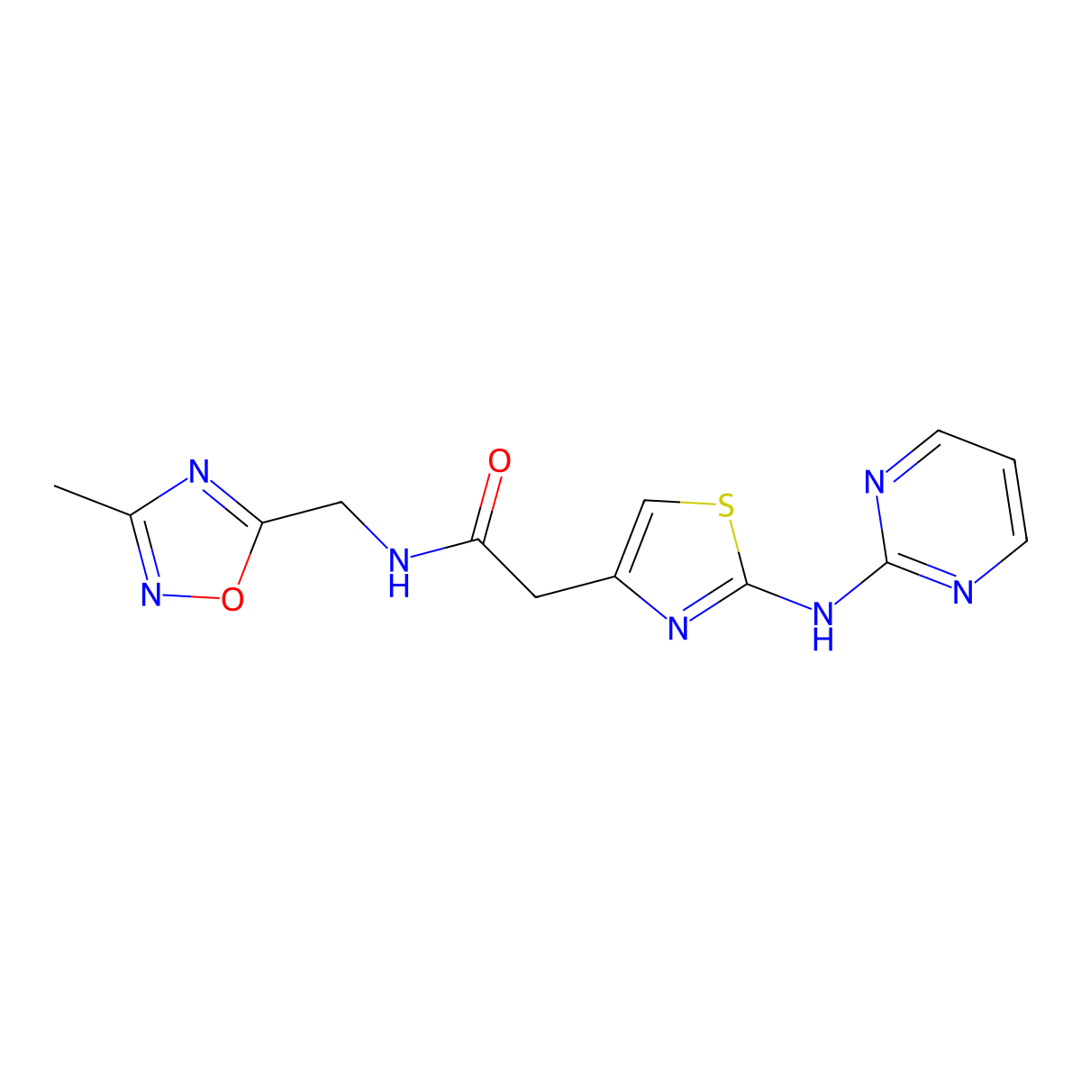 N-((3-methyl-1,2,4-oxadiazol-5-yl)methyl)-2-(2-(pyrimidin-2-ylamino)thiazol-4-yl)acetamide molecular structure, CAS 1323669-22-2