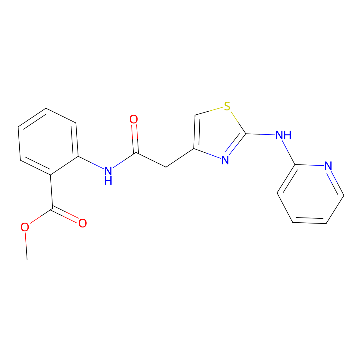 Methyl 2-(2-(2-(pyridin-2-ylamino)thiazol-4-yl)acetamido)benzoate molecular structure, CAS 1323674-51-6